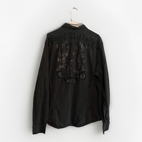 DKNY Jeans Shirt Mens Large Black Striped Long Sleeve Button Up Skull Graphic - Picture 3 of 4